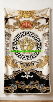 Versace Black White and Gold Medusa Baroque Print Flannel Throw Blanket IMG_1490